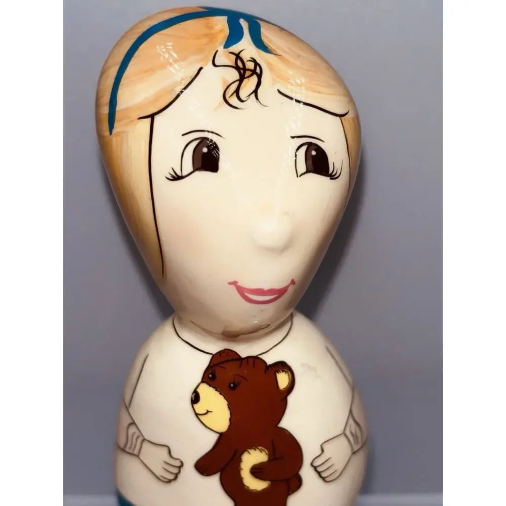 Vintage Rock Heads Figurine Girl Blonde Signed 1994 With Teddy Bear Ma Fernanda